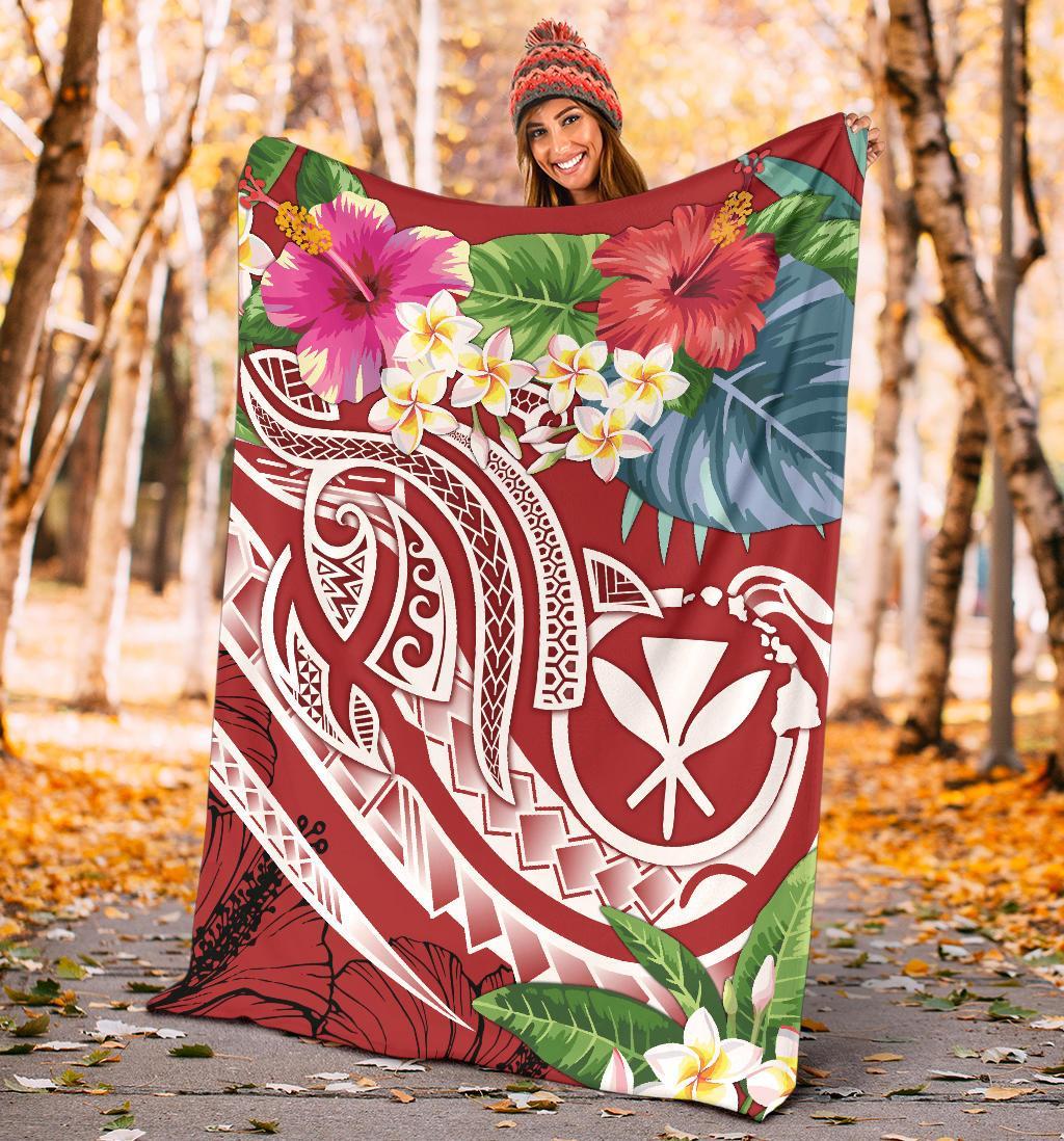 Polynesian Hawaii Kanaka Maoli Premium Blanket - Summer Plumeria (Red) - Polynesian Pride