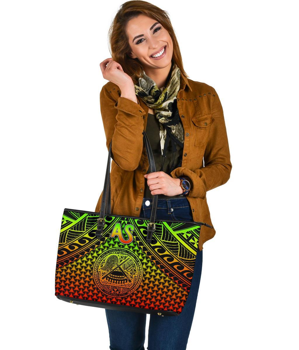 Polynesian American Samoa Large Leather Tote Bag - Reggae Vintage Polynesian Patterns - Polynesian Pride