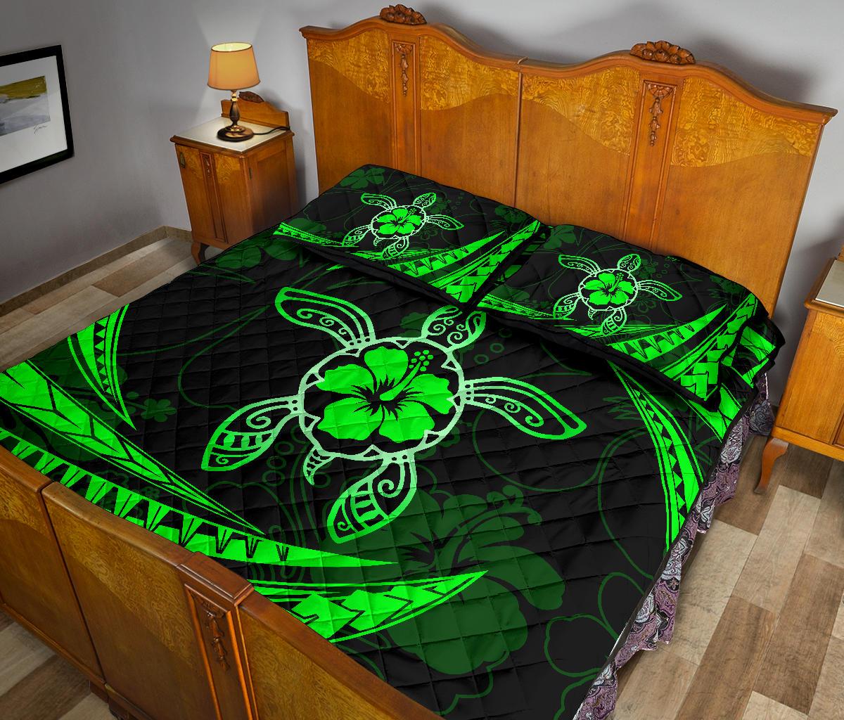 Hawaii Quilt Bed Set - Hibiscus Turtle Tribal Waves Green - Polynesian Pride