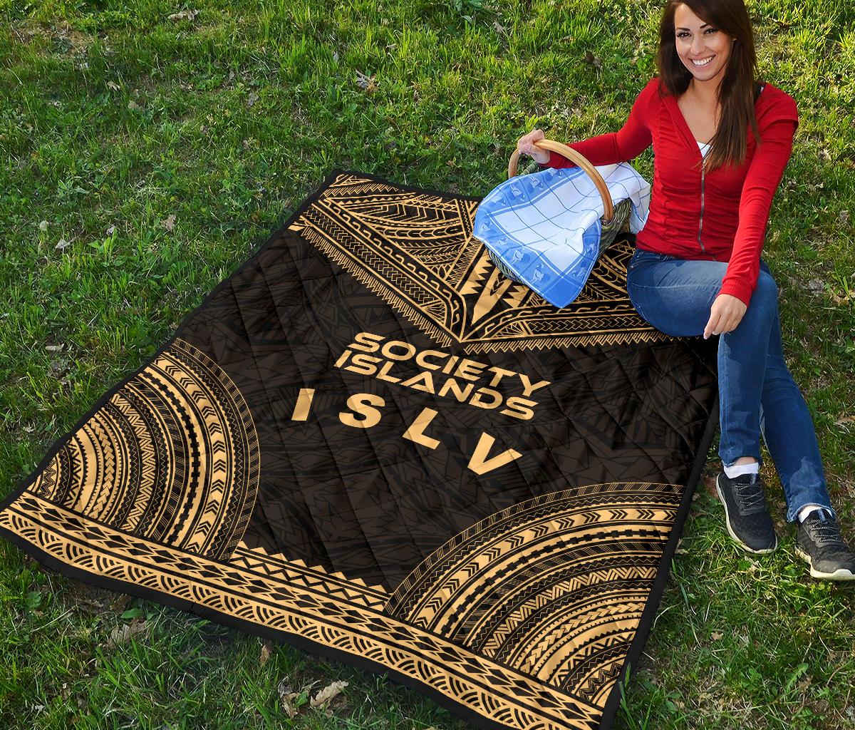 Society Islands Premium Quilt - Society Islands Flag Polynesian Chief Gold Version - Polynesian Pride