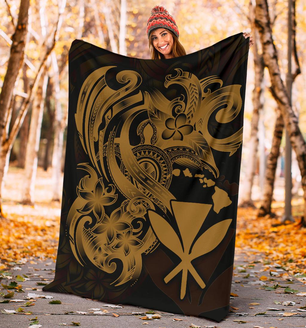 Polynesian Hawaii All Over Premium Blanket - Kanaka Maoli Gold Turtle - Polynesian Pride