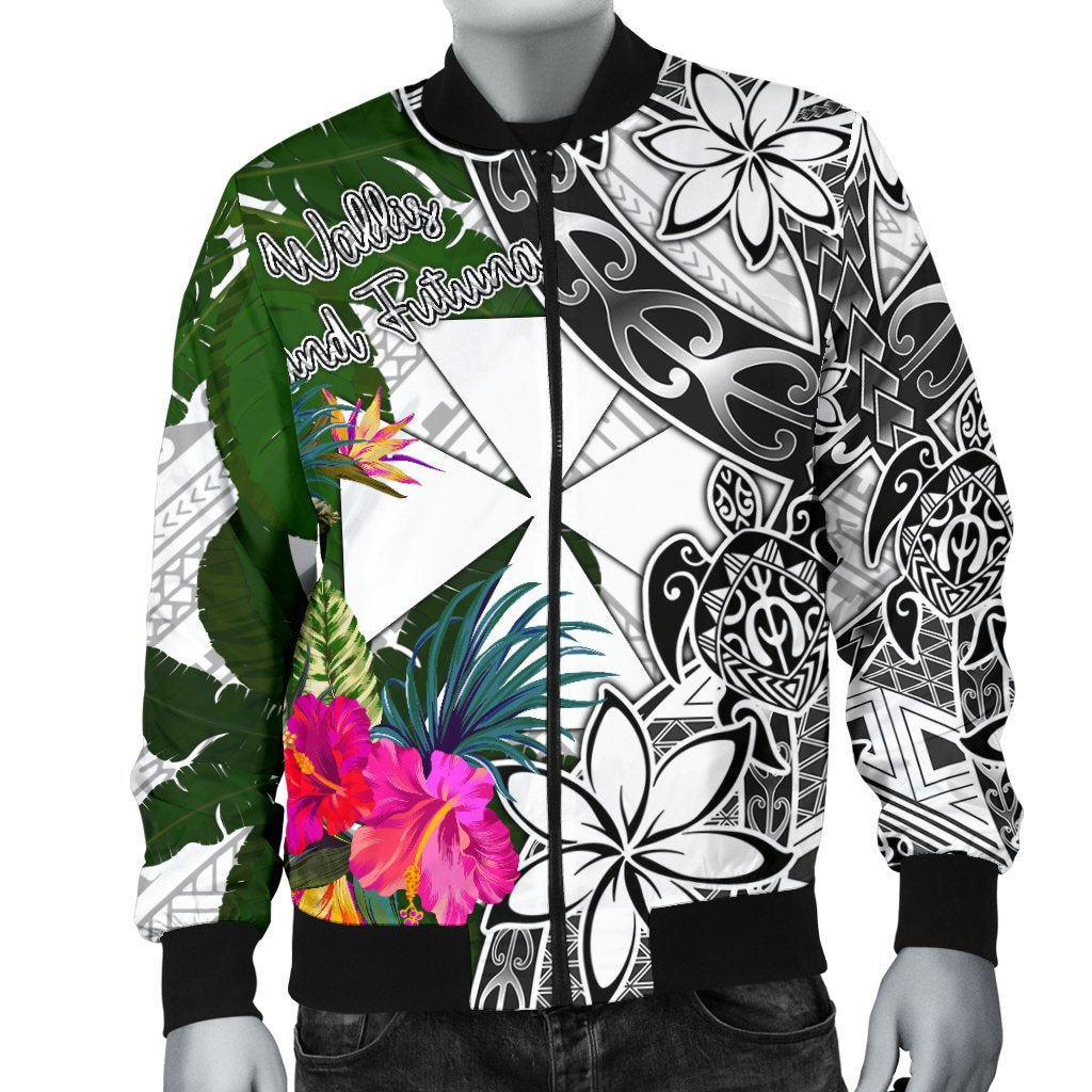 Wallis And Futuna Men's Bomber Jacket White - Turtle Plumeria Banana Leaf - Polynesian Pride
