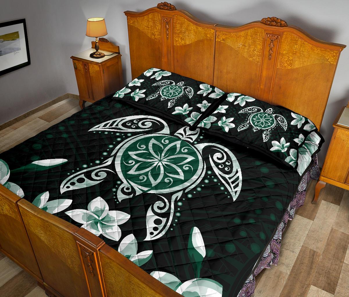 Hawaiian Greenie Turtle Plumeria Quilt Bed Set - Polynesian Pride