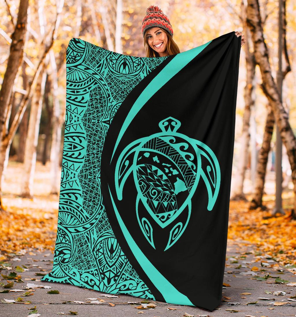 Hawaii Turtle Map Polynesian Premium Blanket - Turquoise - Circle Style - Polynesian Pride