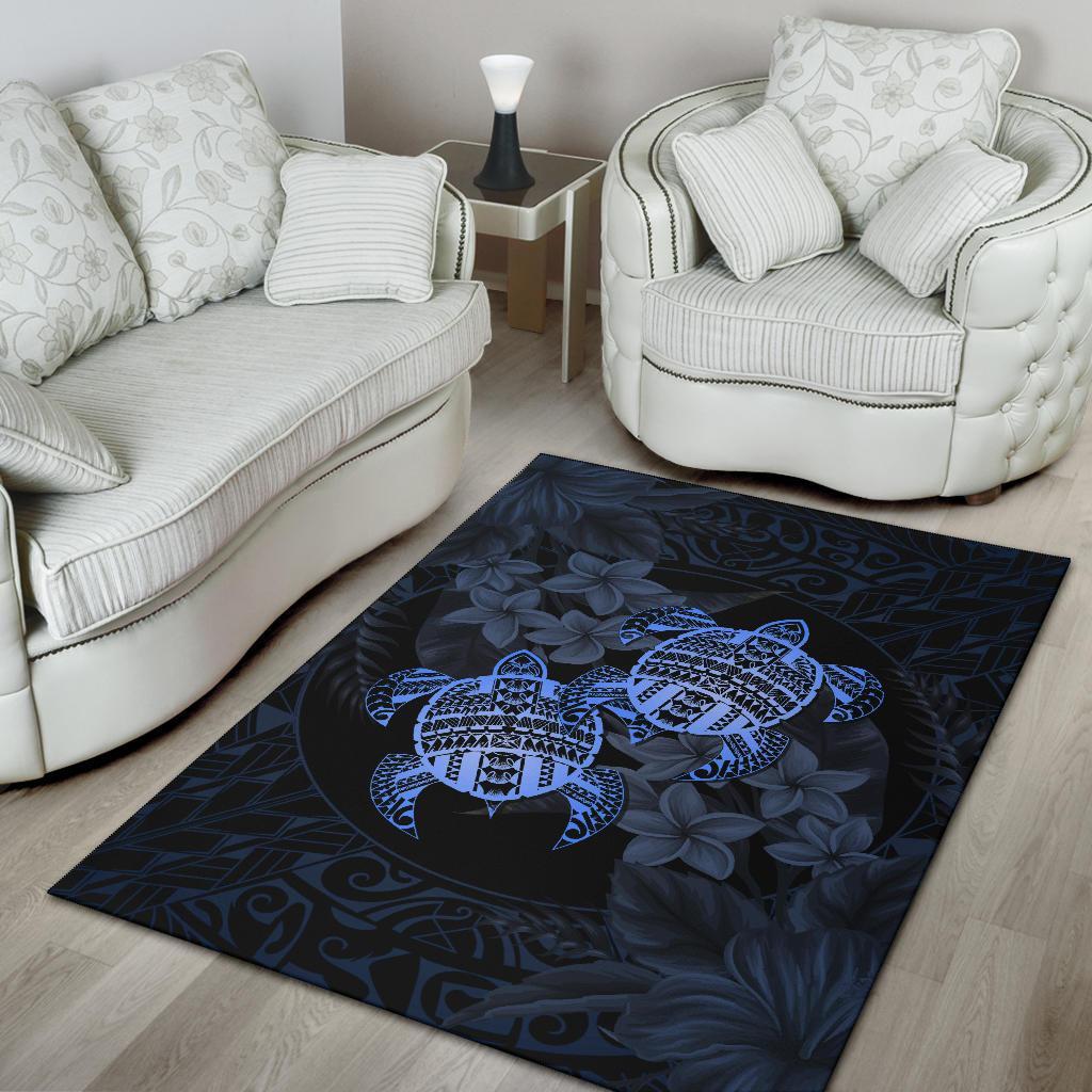 hawaii Rug - Turtle Strong Pattern Hibiscus Plumeria Blue AH - Polynesian Pride
