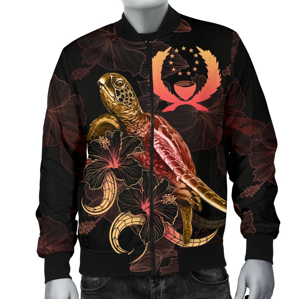 Pohnpei Polynesian Men's Bomber Jacket - Turtle With Blooming Hibiscus Gold - Polynesian Pride