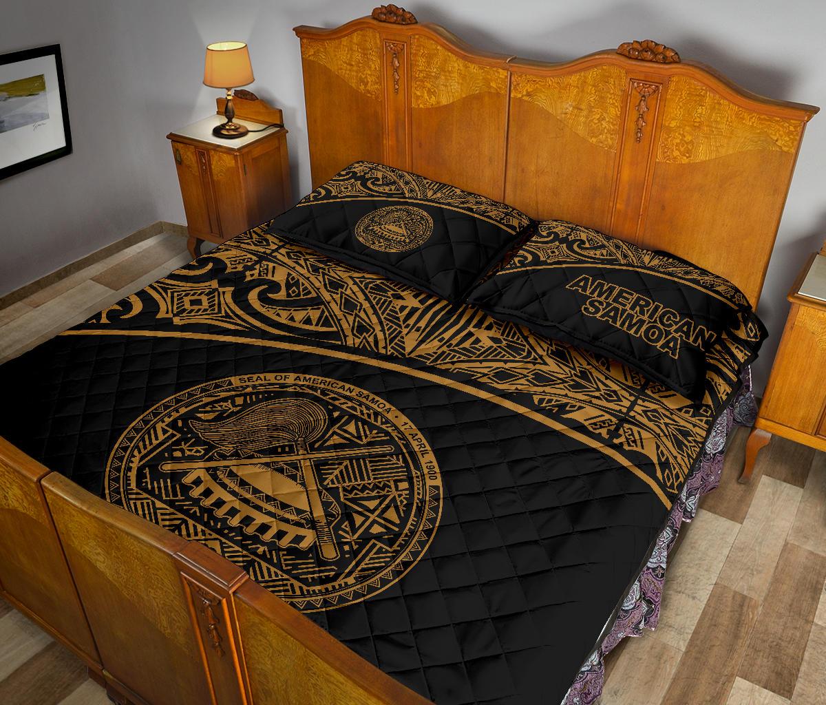 American Samoa Quilt Bed Set - American Samoa Seal Polynesian Yellow Curve - Polynesian Pride