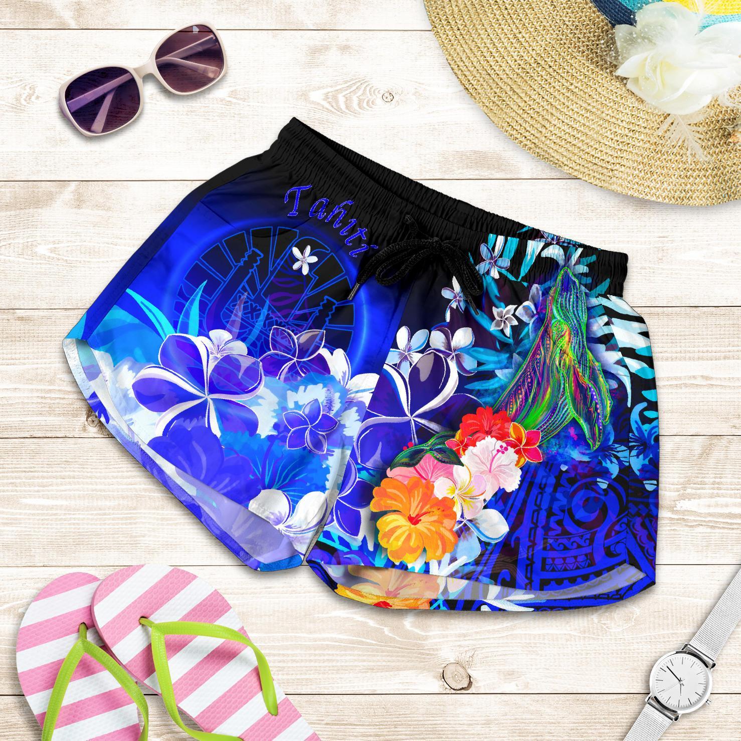 Tahiti Women's Shorts - Humpback Whale with Tropical Flowers (Blue) Women Blue - Polynesian Pride