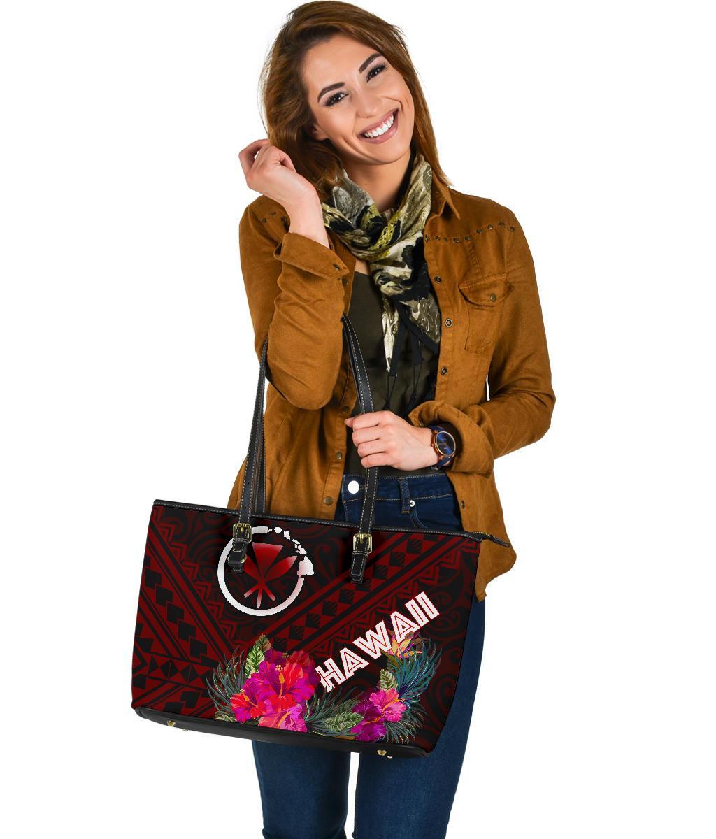 Hawaii Large Leather Tote Bag - Kanaka Maoli With Hibiscus On Polynesian Patterns (RED) - Polynesian Pride