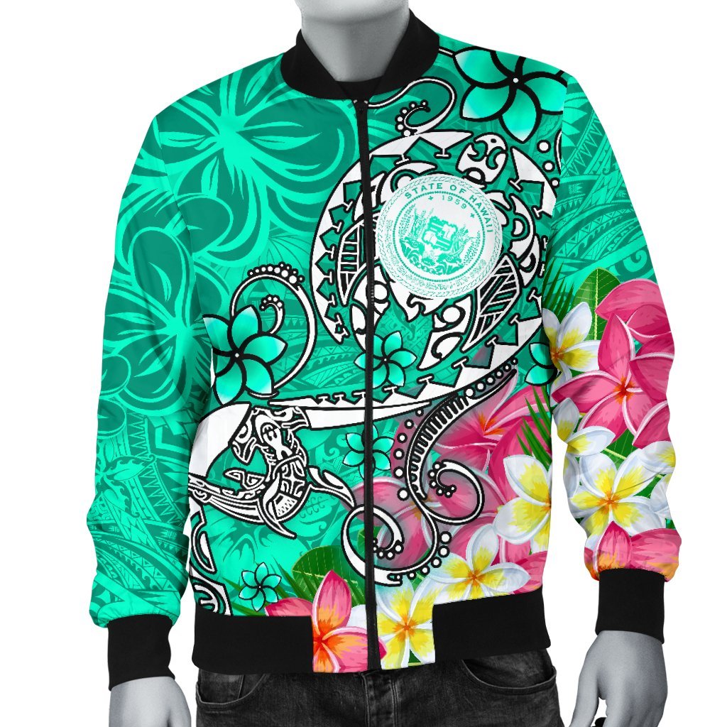 Hawaii Polynesian Men's Bomber Jacket - Hawaii Seal With Turtle Plumeria (Turquoise) - Polynesian Pride