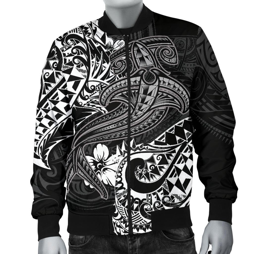 Polynesian Men's Bomber Jacket - White Shark Polynesian Tattoo - Polynesian Pride