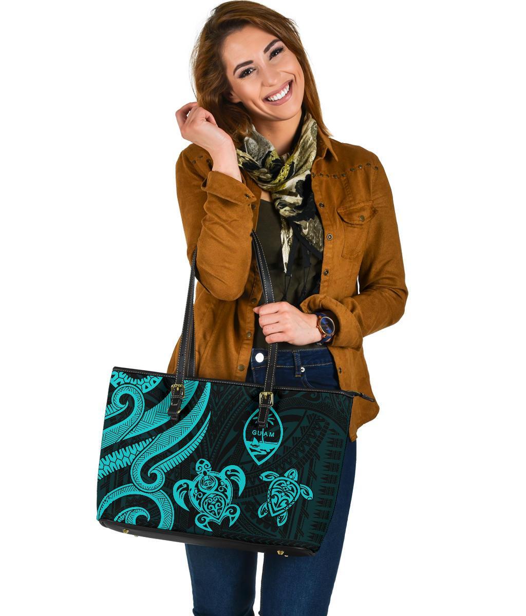 Guam Polynesian Large Leather Tote Bag - Turquoise Tentacle Turtle - Polynesian Pride