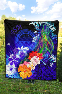 Federated States of Micronesia Premium Quilts - Humpback Whale with Tropical Flowers (Blue) - Polynesian Pride