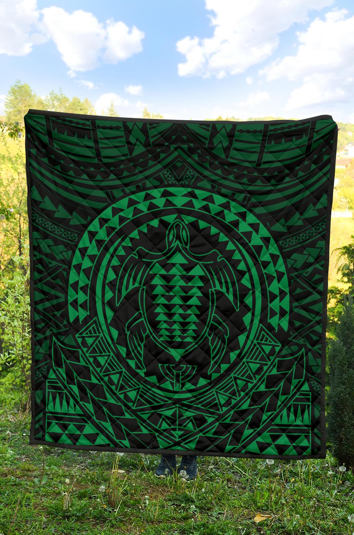 Hawaiian Kakau Honu Arc Green Polynesian Premium Quilt - Polynesian Pride