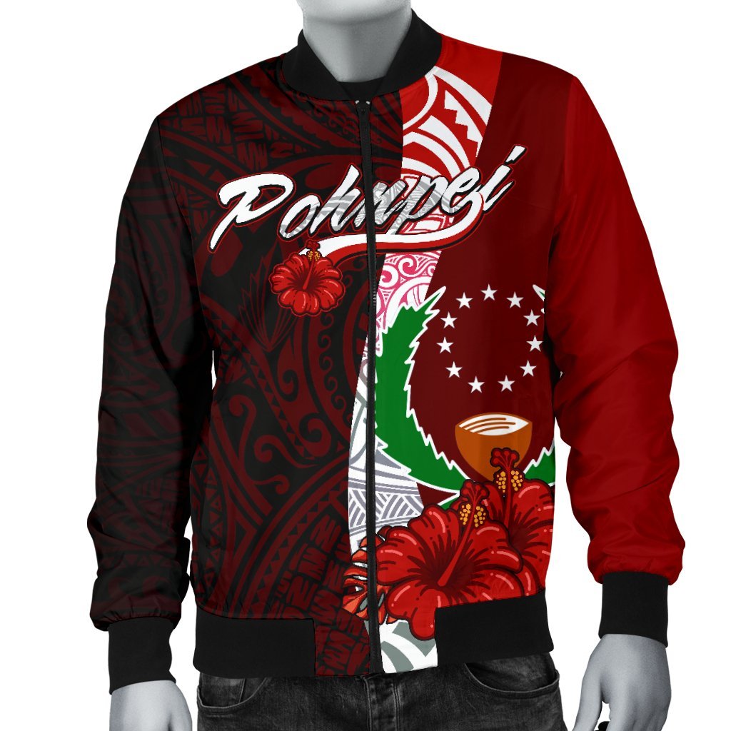 Pohnpei Micronesia Men's Bomber Jacket - Coat Of Arm With Hibiscus - Polynesian Pride