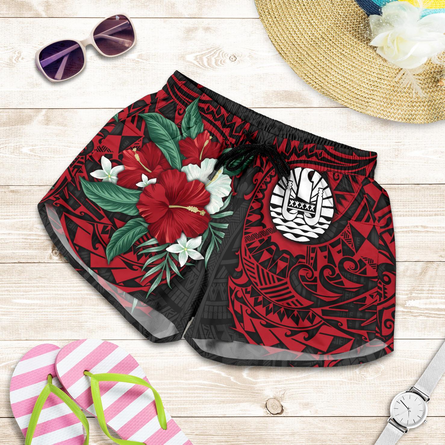 Tahiti Polynesian Women's Shorts - Hibiscus and Sea Turtle (Red) Women Red - Polynesian Pride