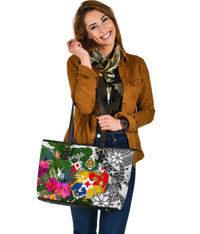 Tonga Large Leather Tote Bag White - Turtle Plumeria Banana Leaf - Polynesian Pride