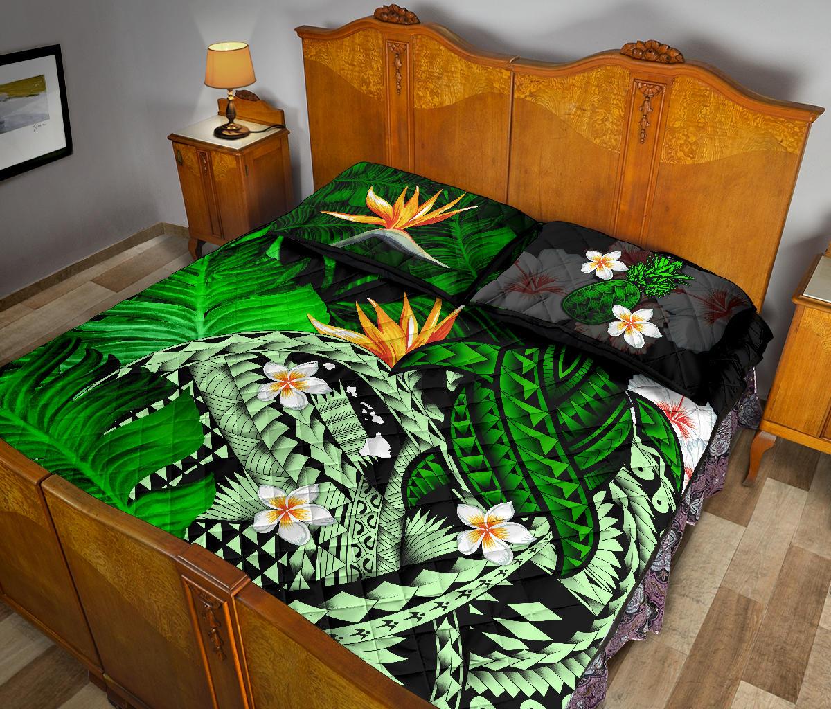 Kanaka Maoli (Hawaiian) Quilt Bed Set, Polynesian Pineapple Banana Leaves Turtle Tattoo Green - Polynesian Pride