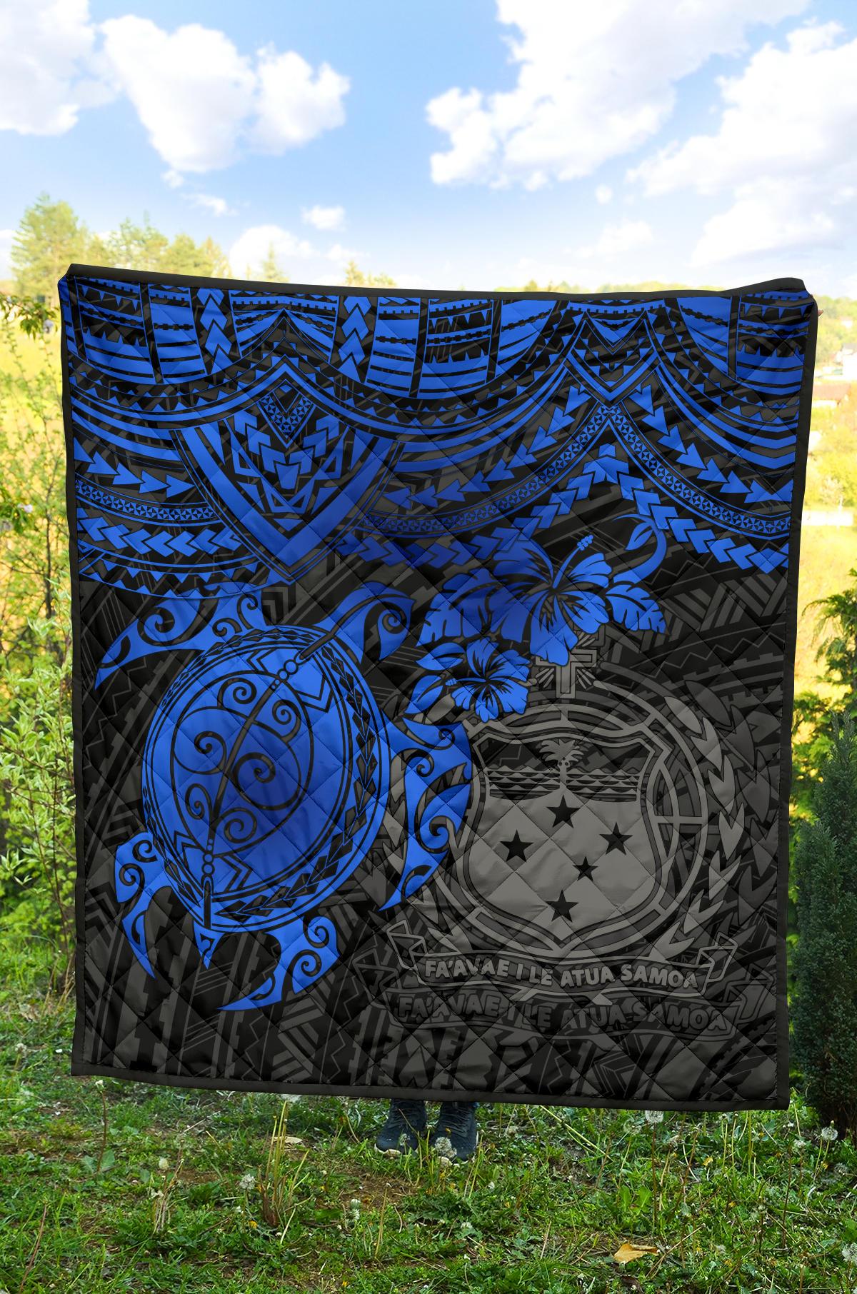 Samoa Polynesian Premium Quilt - Samoa Coat Of Arms & Blue Turtle Hibiscus - Polynesian Pride