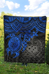 Samoa Polynesian Premium Quilt - Samoa Coat Of Arms & Blue Turtle Hibiscus - Polynesian Pride