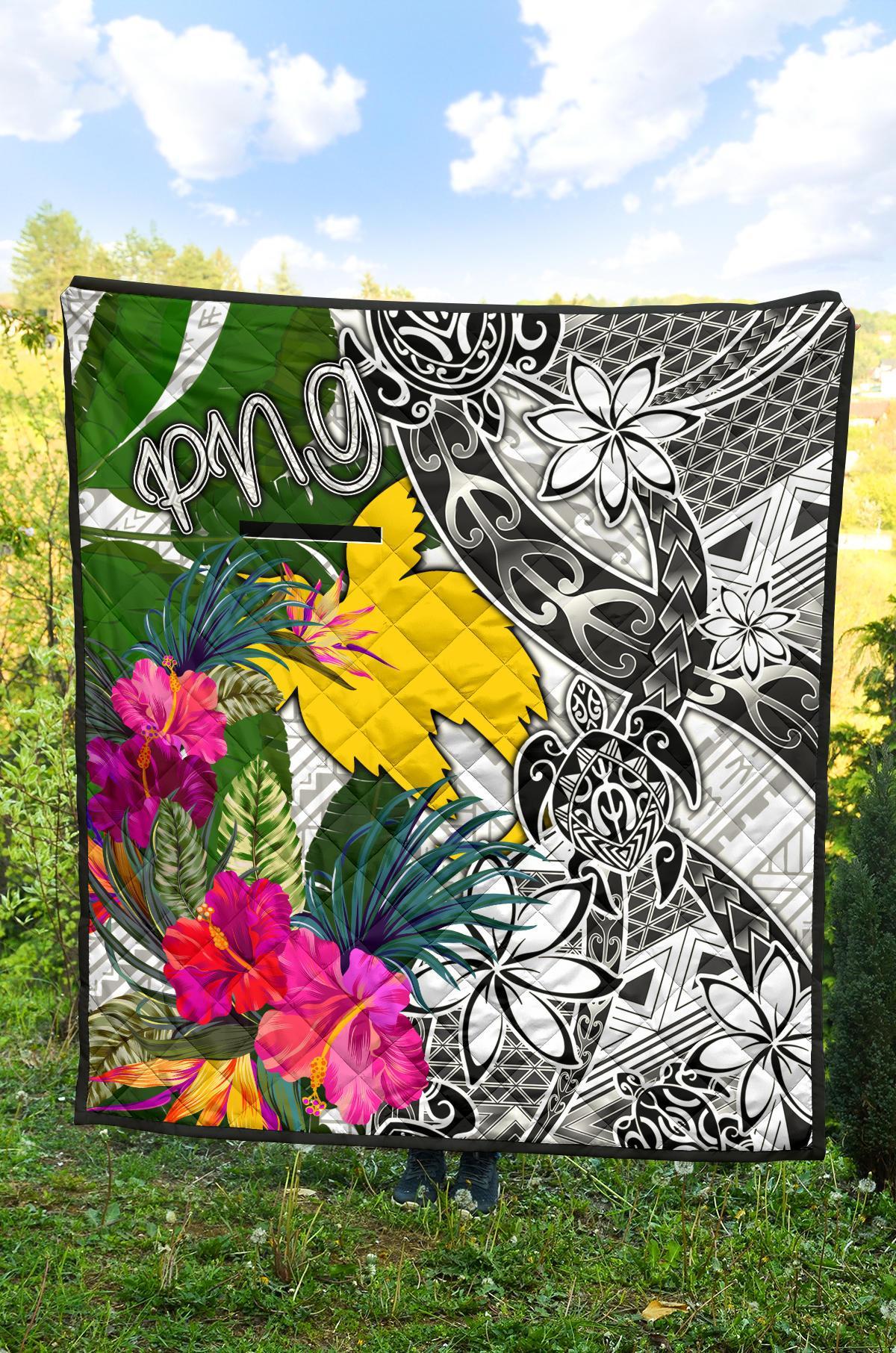 Papua New Guinea Premium Quilt White - Turtle Plumeria Banana Leaf - Polynesian Pride