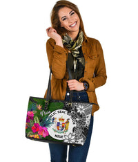 Niue Large Leather Tote Bag - Turtle Plumeria Banana Leaf - Polynesian Pride