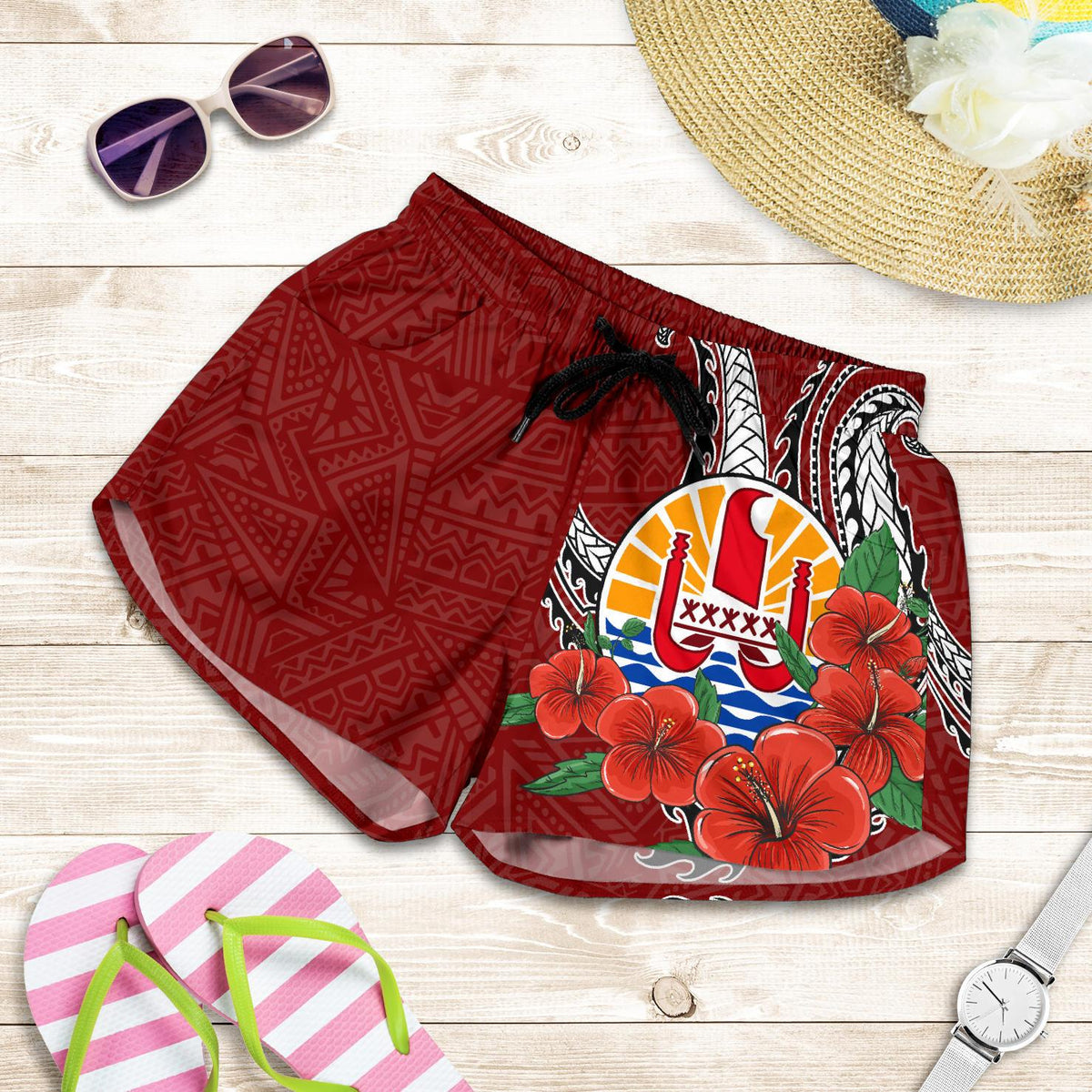 Tahiti Polynesian Women Shorts - Hibiscus Coat of Arm Red Women RED - Polynesian Pride