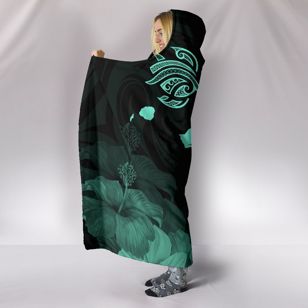 Hawaii Hibiscus Map Polynesian Ancient Turquoise Turtle Hooded Blanket - Polynesian Pride