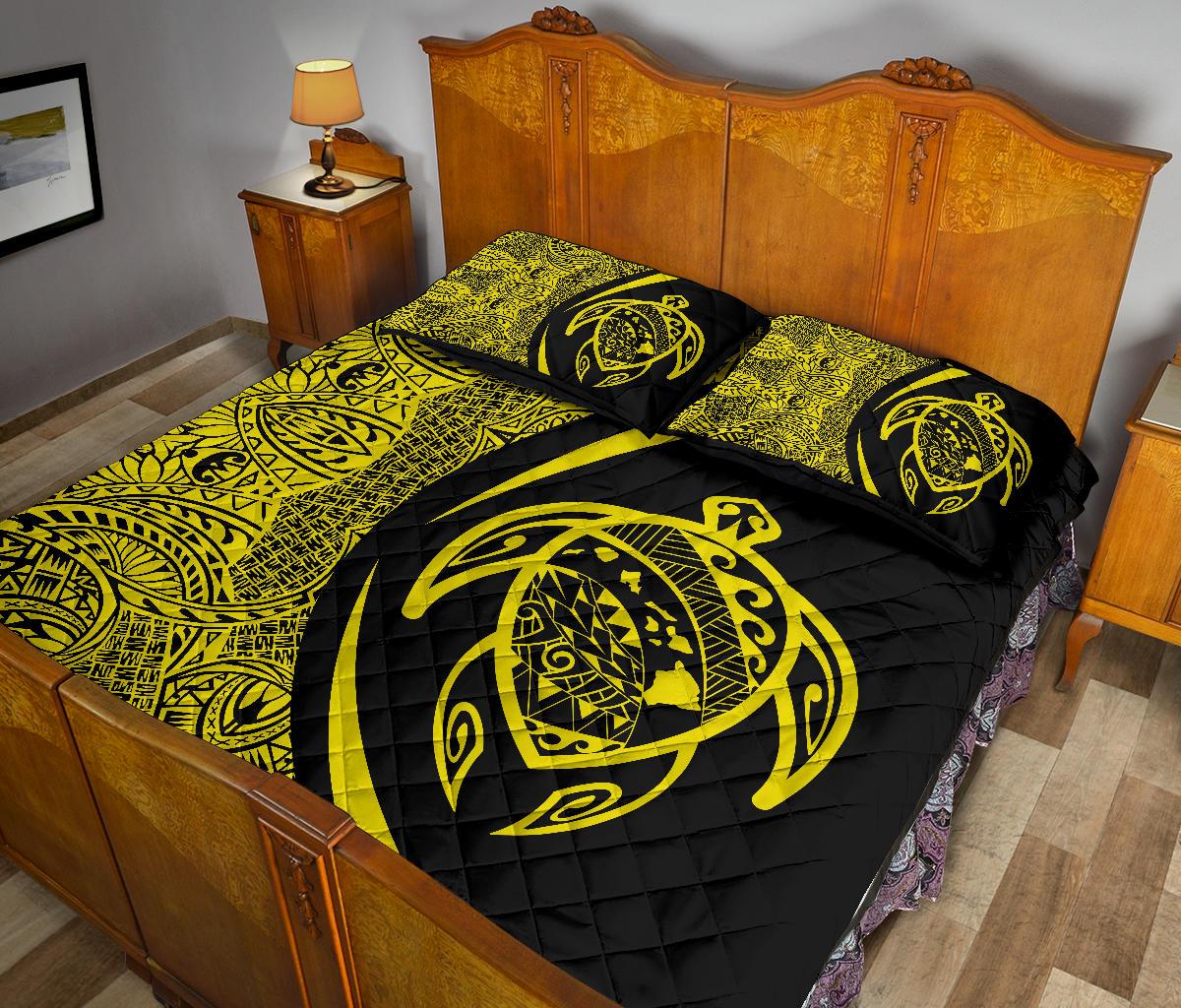 Hawaii Turtle Map Polynesian Quilt Bed Set - Yellow - Circle Style - Polynesian Pride