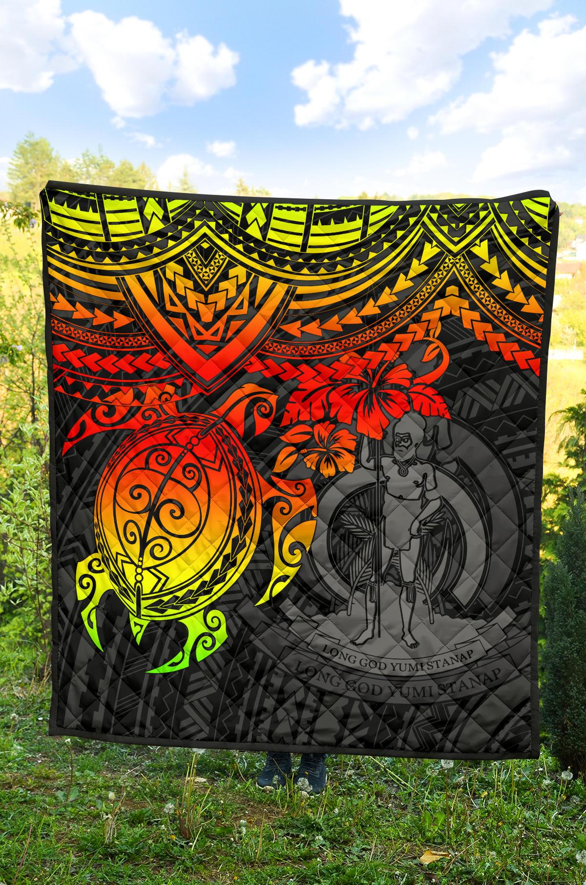 Vanuatu Polynesian Premium Quilt - Vanuatu Coat Of Arms & Reggae Turtle Hibiscus - Polynesian Pride