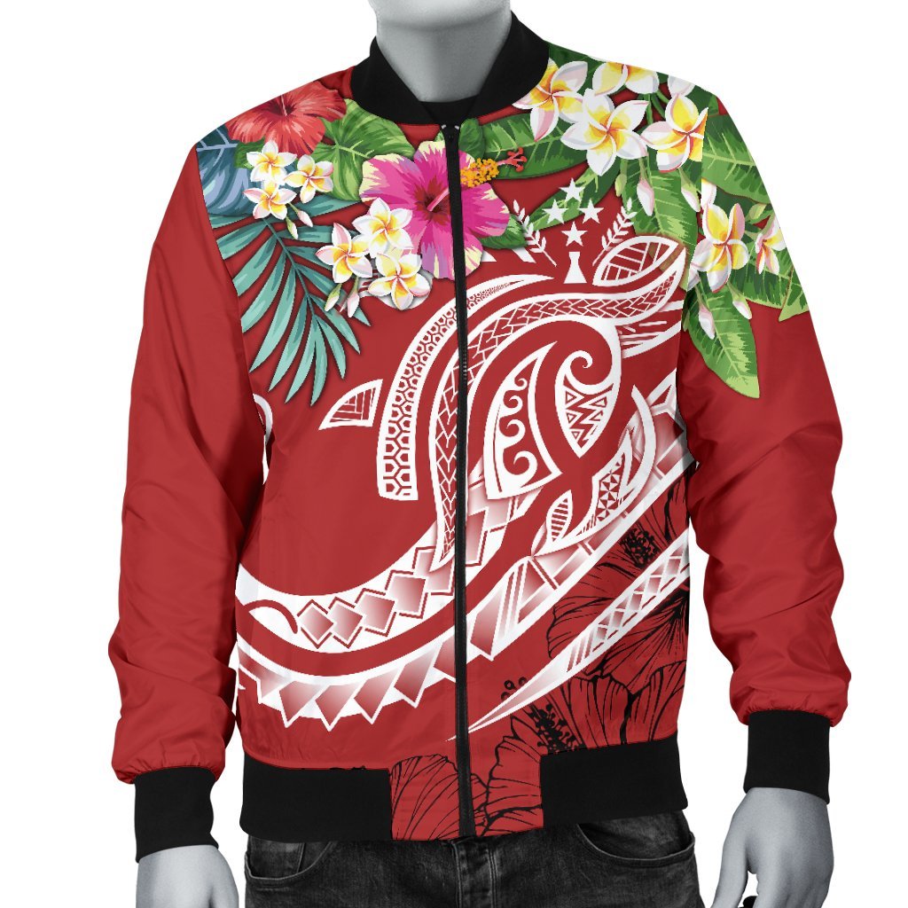 Kosrae Polynesian Men's Bomber Jacket - Summer Plumeria (Red) - Polynesian Pride