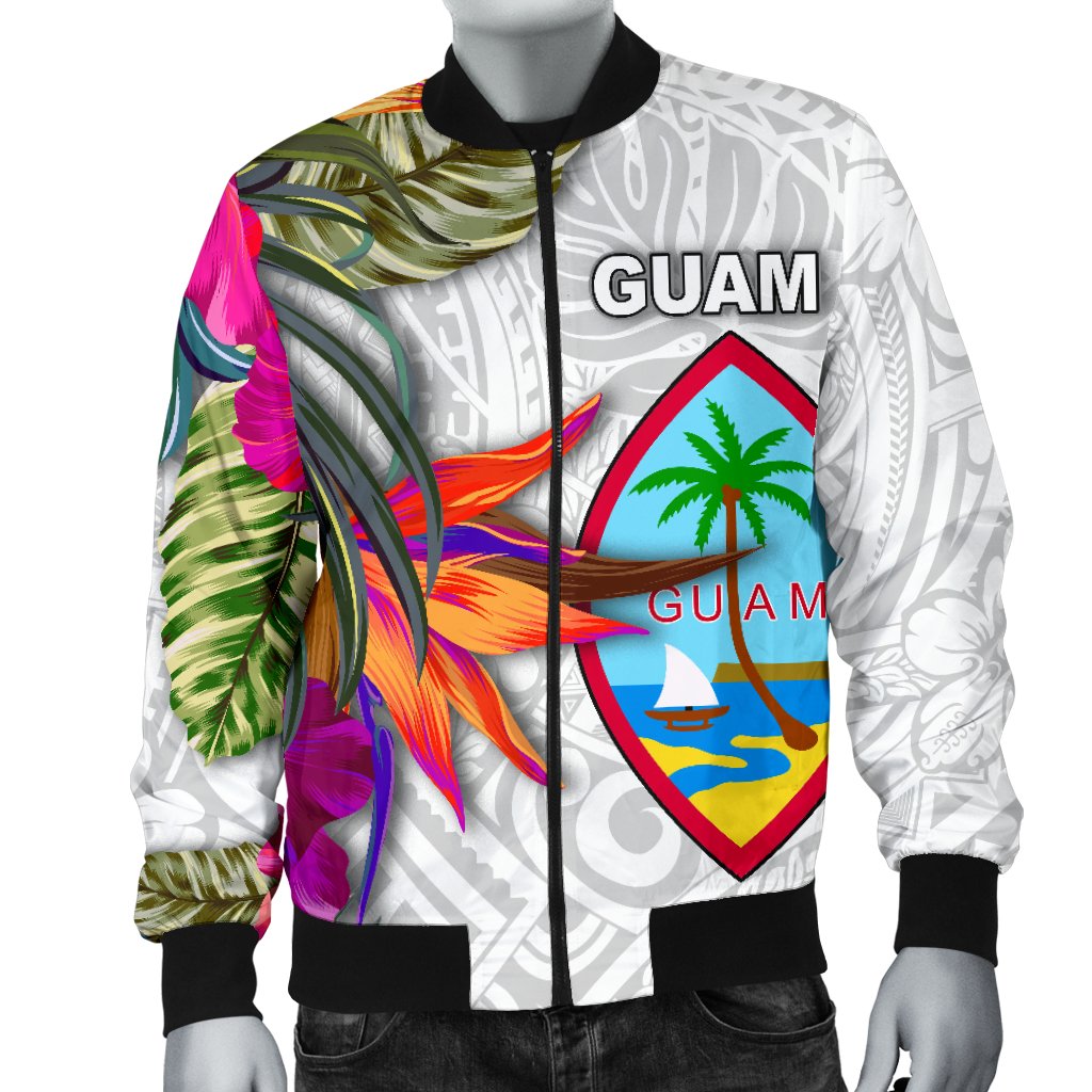 Guam Men's Bomber Jacket Polynesian Hibiscus White Pattern White - Polynesian Pride