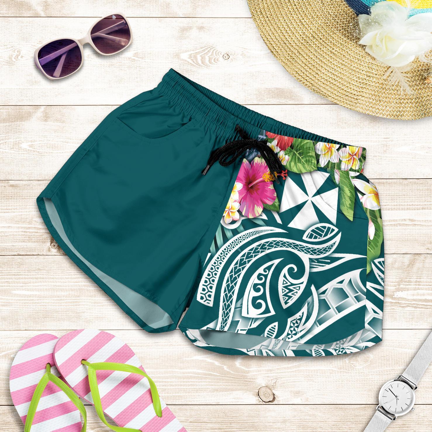 Wallis and Futuna Polynesian Women's Shorts - Summer Plumeria (Turquoise) Women Turquoise - Polynesian Pride