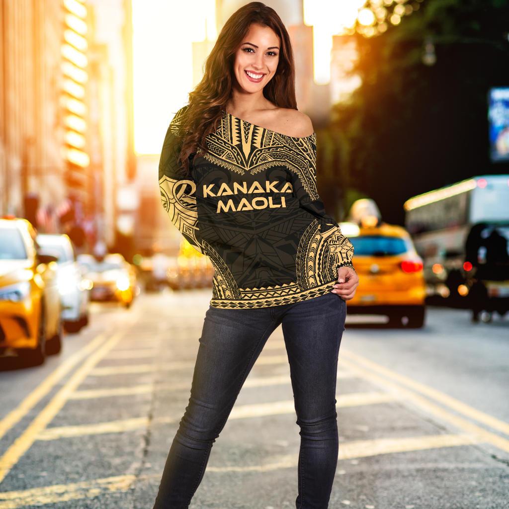 Kanaka Maoli Polynesian Chief Women's Off Shoulder Sweater - Gold Version - Polynesian Pride