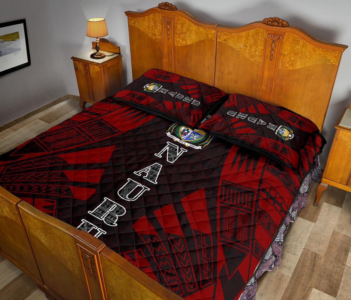 Nauru Quilt Bed Set - Nauru Coat Of Arms & Polynesian Red Tattoo Style - Polynesian Pride