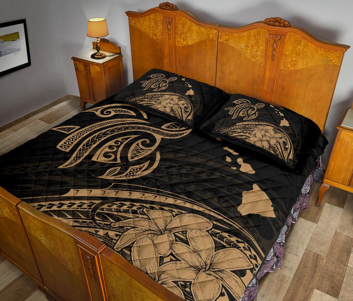 Hawaii Quilt Bed Set - Turtle Polynesian Map Plumeria Gold - Polynesian Pride