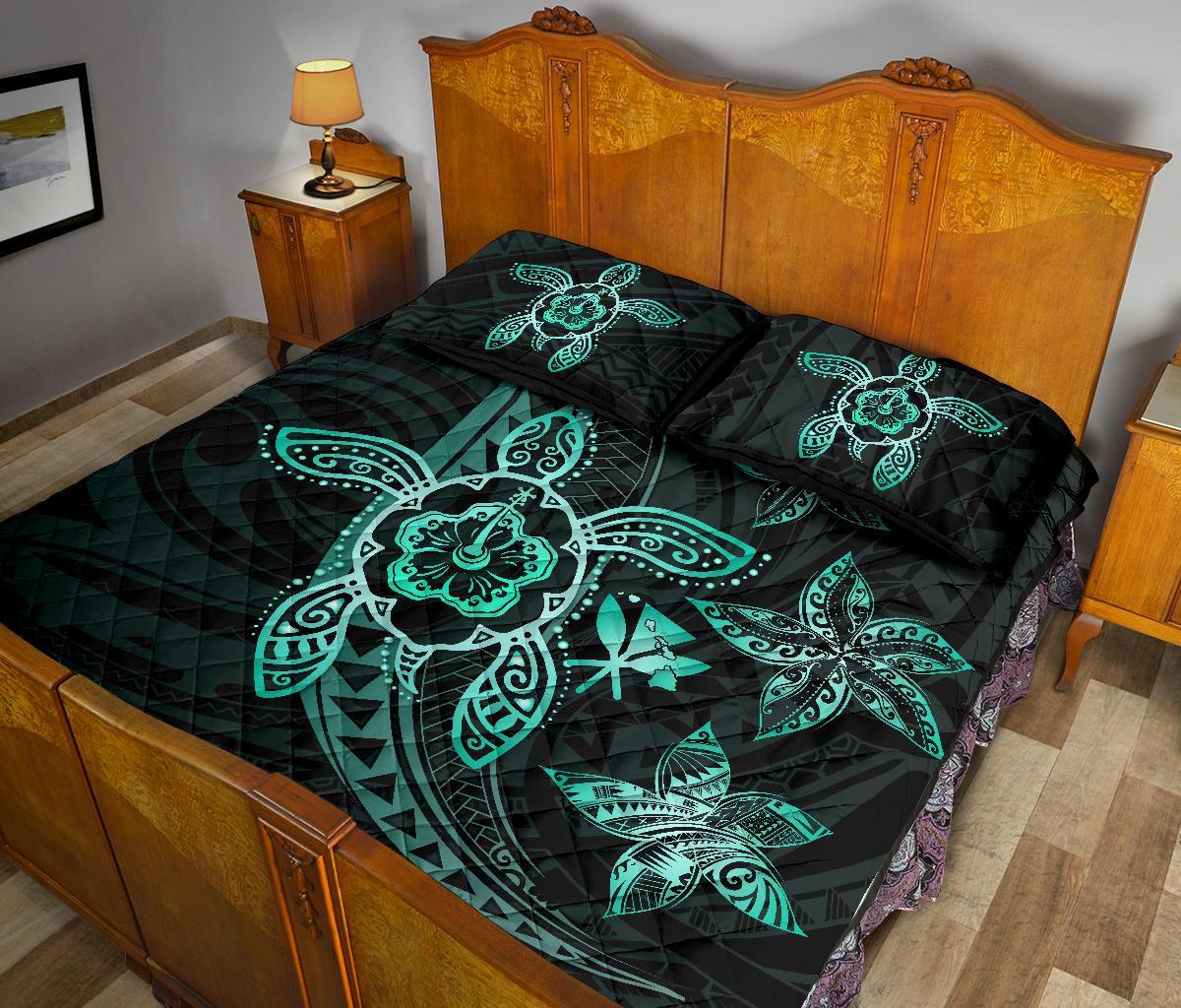 Kanaka Map Hibiscus Plumeria Turtle Art Turquoise Polynesian Quilt Bed Set - Polynesian Pride
