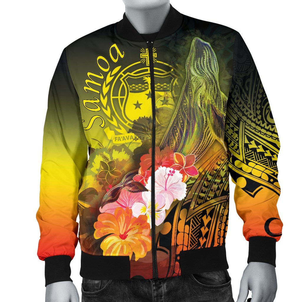 Samoa Men's Bomber Jacket - Humpback Whale with Tropical Flowers (Yellow) - Polynesian Pride