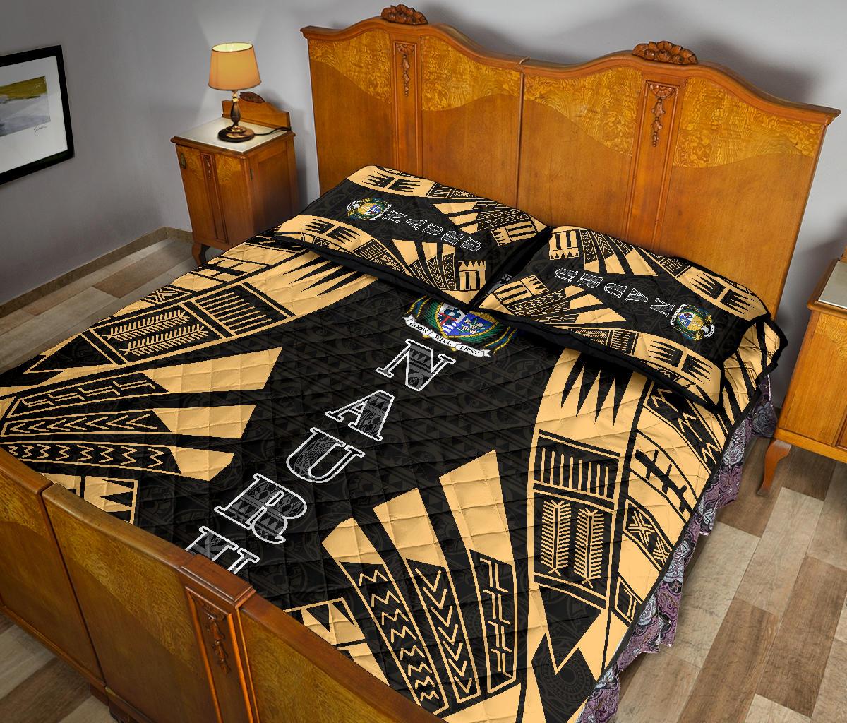 Nauru Quilt Bed Set - Nauru Coat Of Arms & Polynesian Yellow Tattoo Style - Polynesian Pride