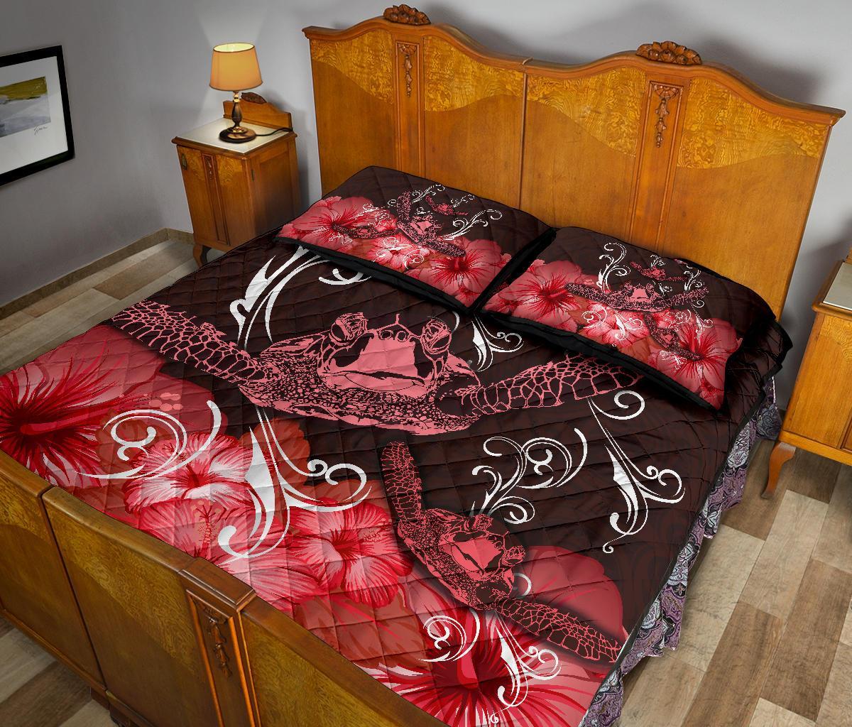 Hawaii Polynesian Turtle Waves Hibiscus Quilt Bed Set - Erik Style - AH - Red - Polynesian Pride