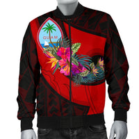 Guam Men's Bomber Jacket - Polynesian Hook And Hibiscus (Red) - Polynesian Pride