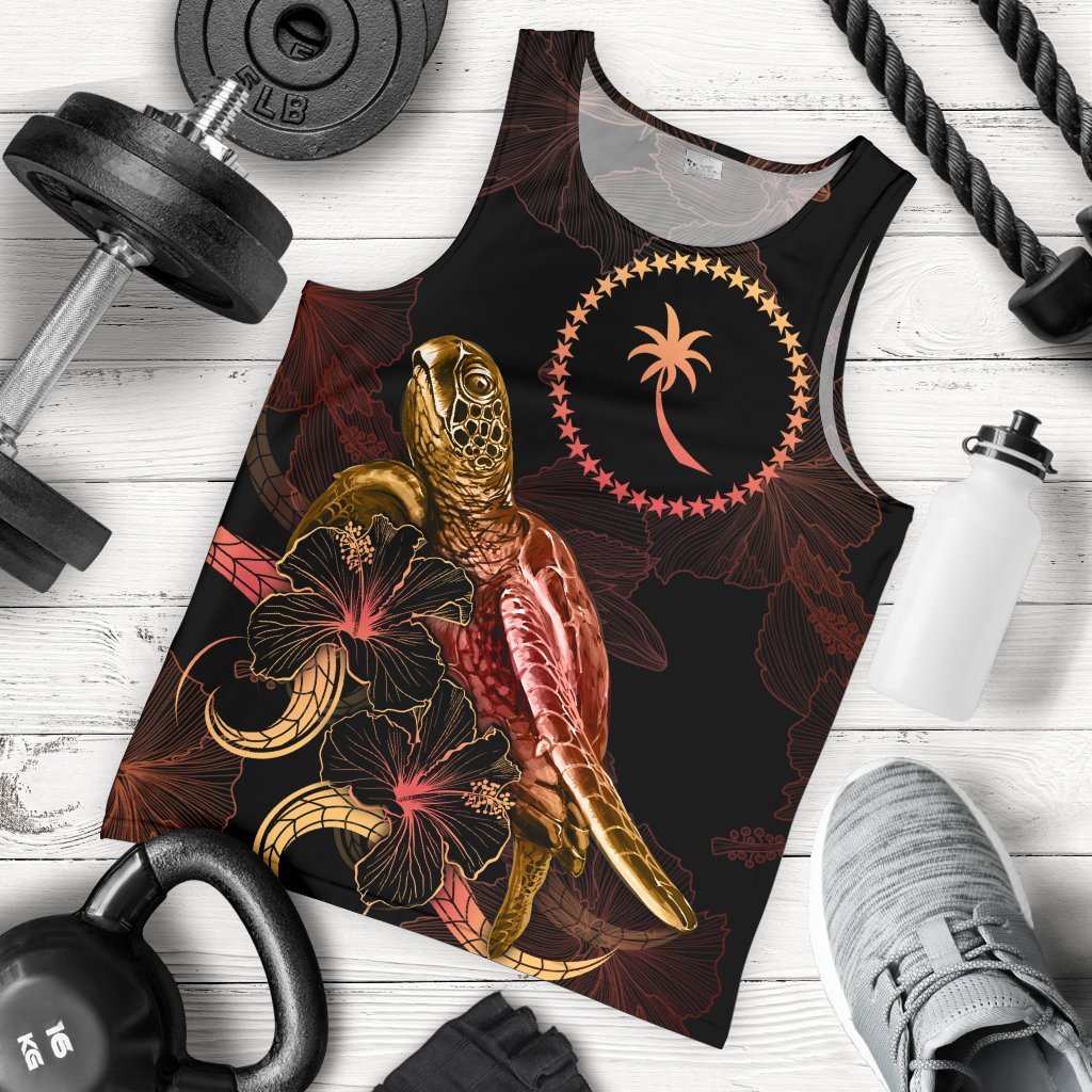 Chuuk Men Tank Top - Turtle With Blooming Hibiscus Gold Gold - Polynesian Pride