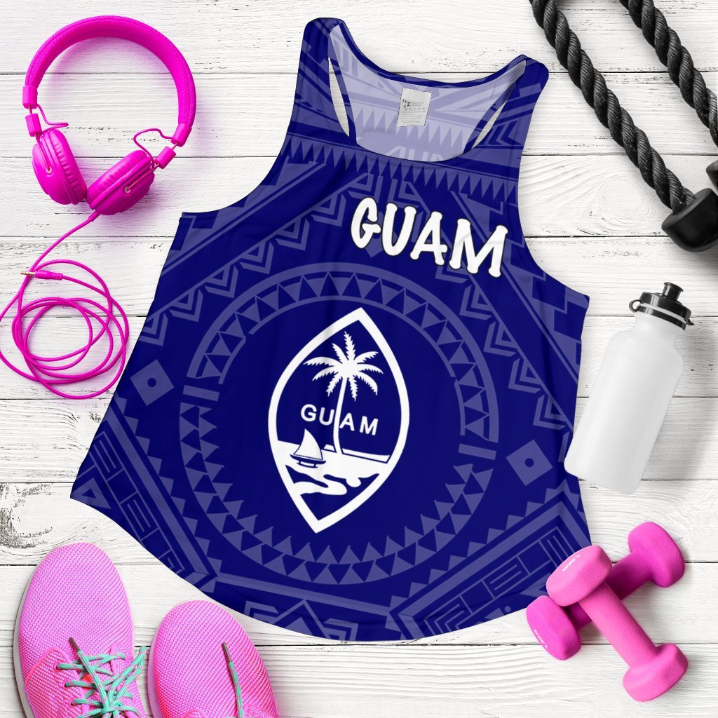 Guam Women's Racerback Tank - Guam Seal With Polynesian Tattoo Style (Blue) Blue - Polynesian Pride