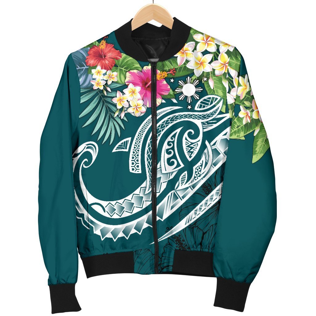 The Philippines Men's Bomber Jacket - Summer Plumeria (Turquoise) - Polynesian Pride