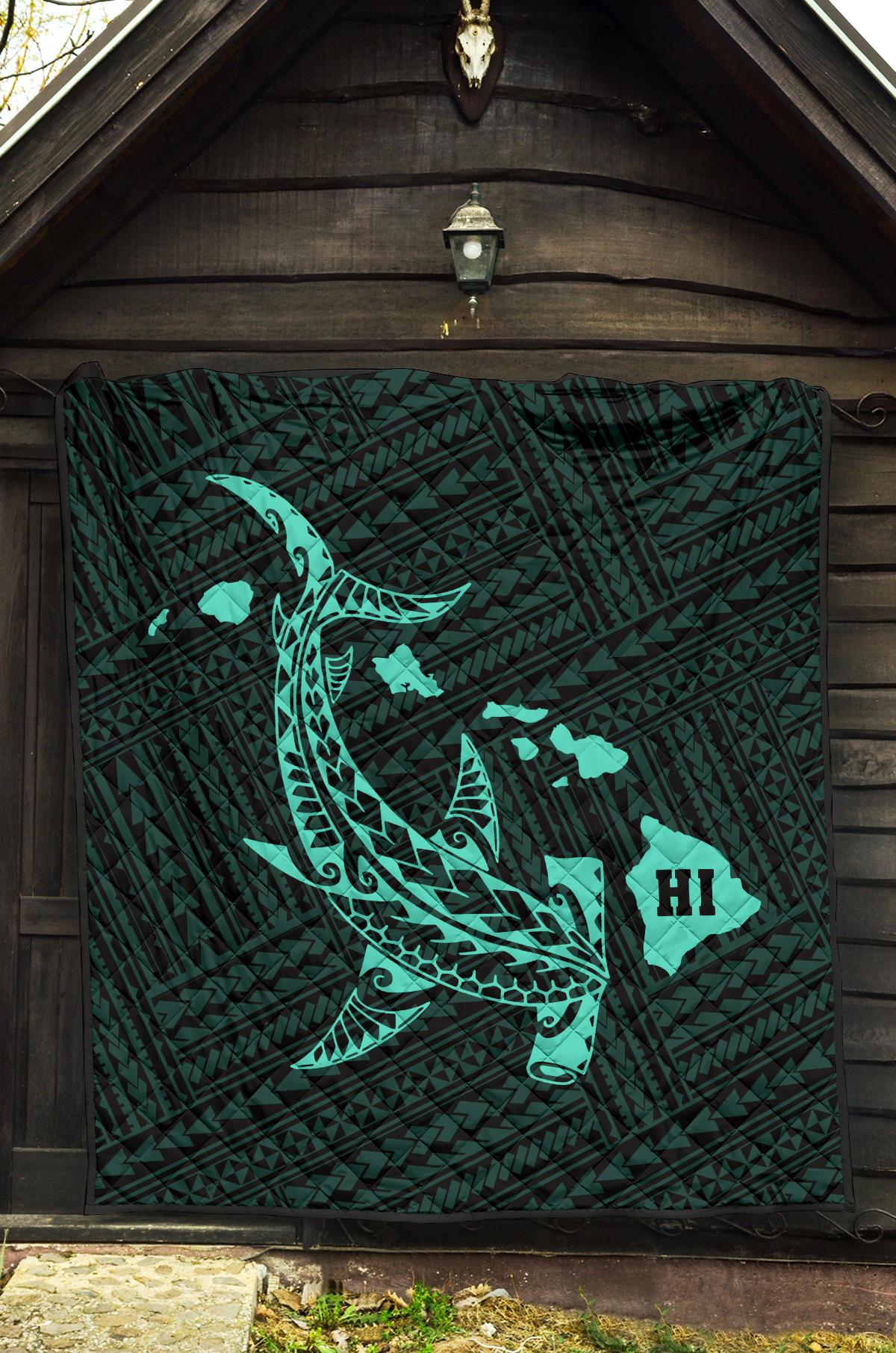 Hawaii Shark Turquoise Polynesian Premium Quilt - Polynesian Pride