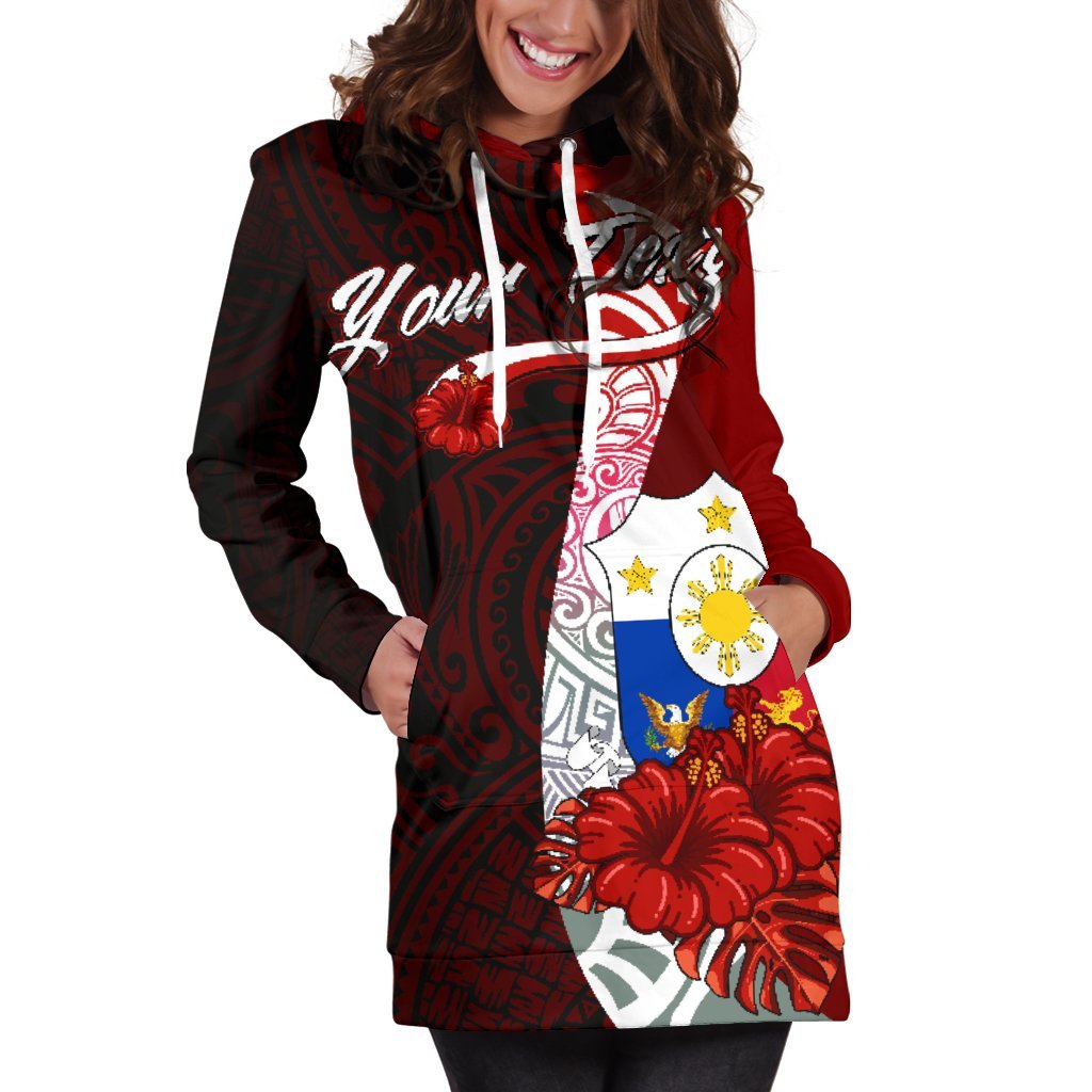 Philippines Polynesian Custom Personalised Hoodie Dress - Coat Of Arm With Hibiscus - Polynesian Pride
