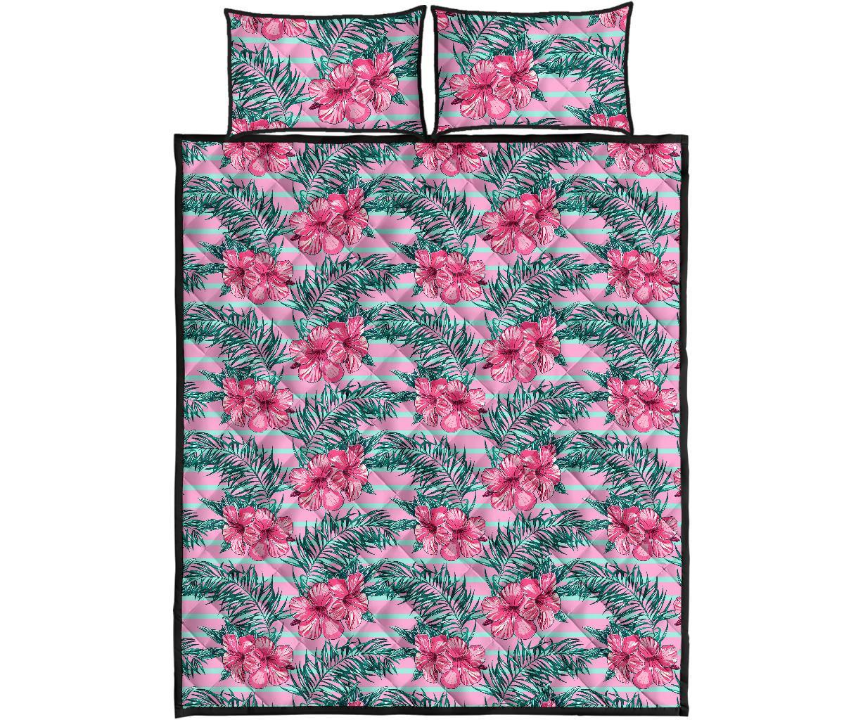 Hawaii Quilt Bed Set Tropical Flowers Palm Leaves Hibiscus Strips AH - Polynesian Pride