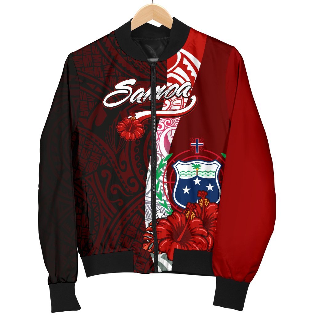 Samoa Polynesian Men's Bomber Jacket - Coat Of Arm With Hibiscus - Polynesian Pride
