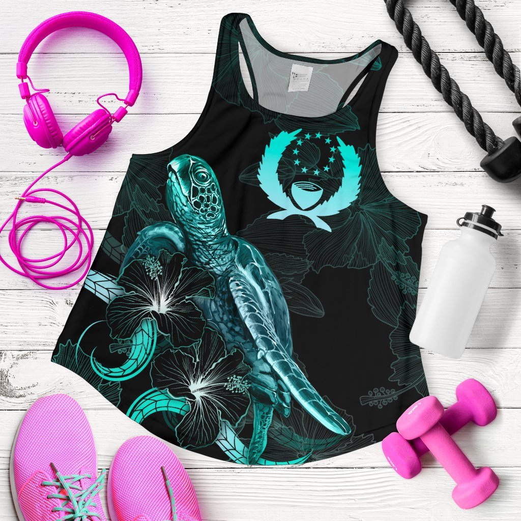 Pohnpei Polynesian Women Tank Top - Turtle With Blooming Hibiscus Turquoise Turquoise - Polynesian Pride