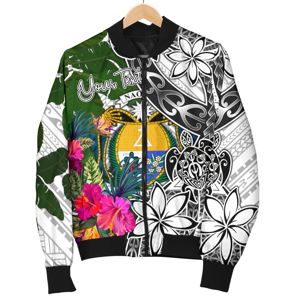 Nauru Custom Personalised Men's Bomber Jacket White - Turtle Plumeria Banana Leaf Crest - Polynesian Pride